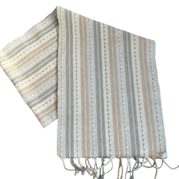 Pier One Imports Table Runner Beige Gray Tonal Striped Textured Fringe Shiny - Picture 1 of 4